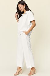 Double Take Full Size Texture Half Zip Short Sleeve Top and Pants Set OutfitFlow